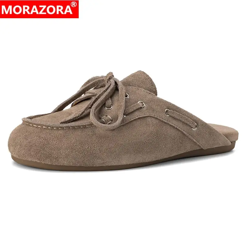 

Женские тапочки MORAZORA из коровьей замши, размеры 34-43, на плоской подошве, с завязками, повседневные, модная летняя обувь