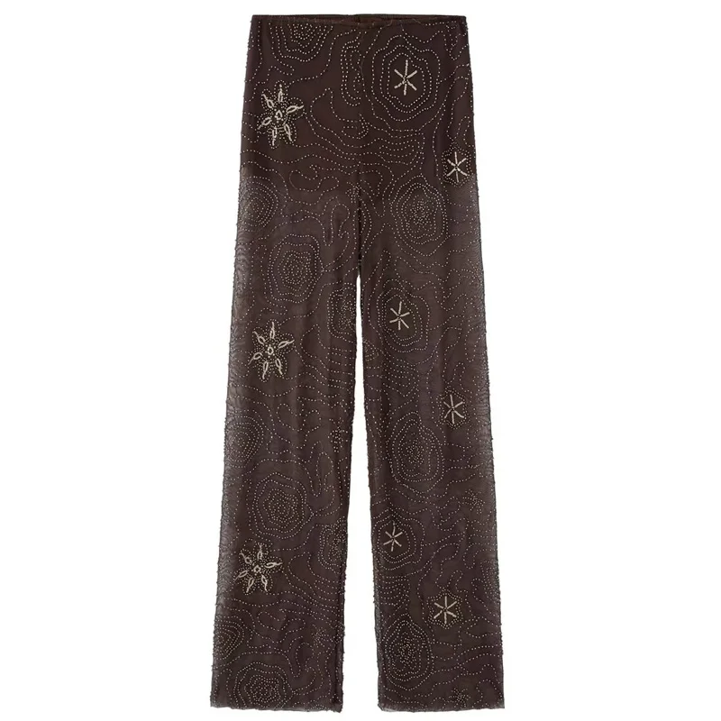 HXAO Women's Pants Spring Summer 2025 Beading Brown Trousers Sequins Translucent High Waist Pants Ladies Streetwear Casual Pants