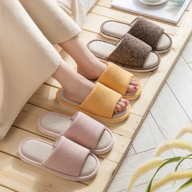 Breathable Linen Home Slippers Women 2024 Winter Soft Sole House Cotton Slippers Woman Anti Slip Flat Heels Couple Floor Shoes