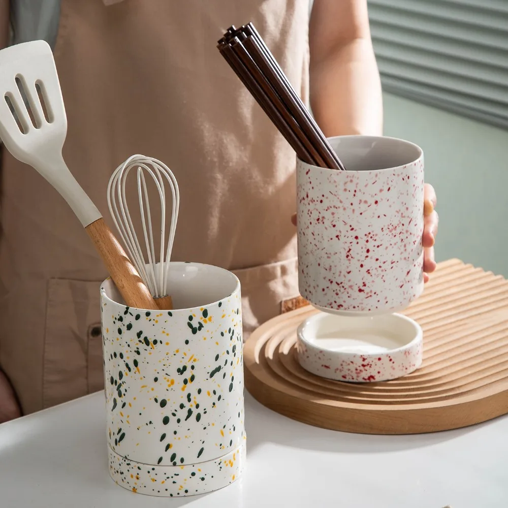 Splash Chopsticks Tube with Drain Plate Ceramic Household Kitchen Chopsticks Cage Spoon Spatula Chopsticks Bucket Table Storage