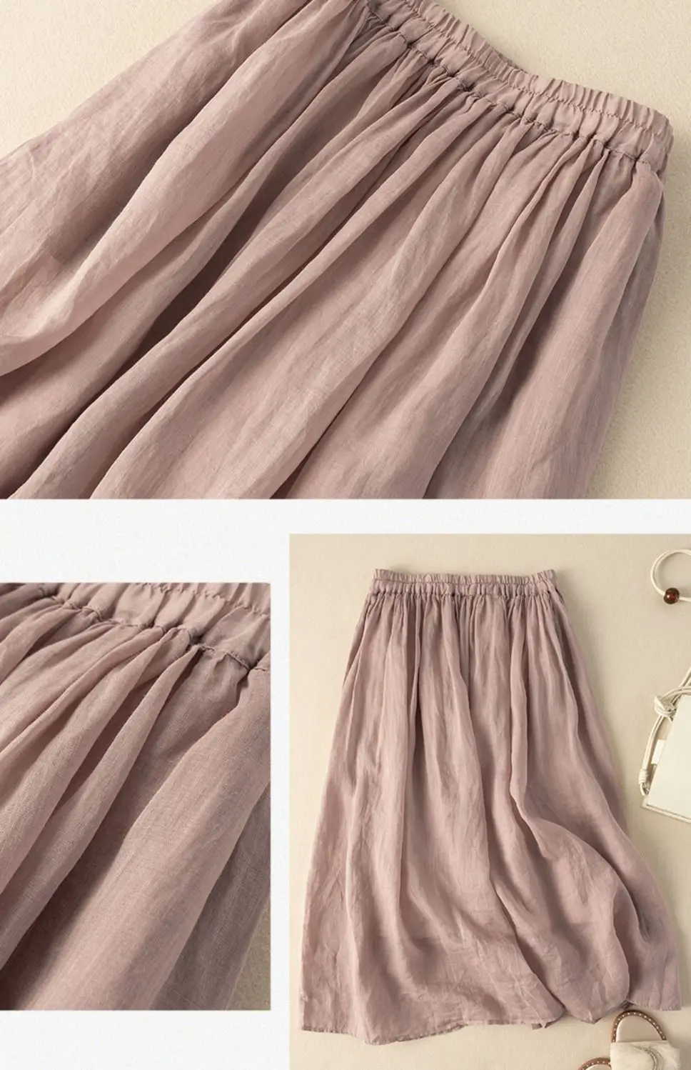 2025 Retro bawełniana i lniana osłona bioder z płynną spódnicą w jednolitym kolorze średniej długości