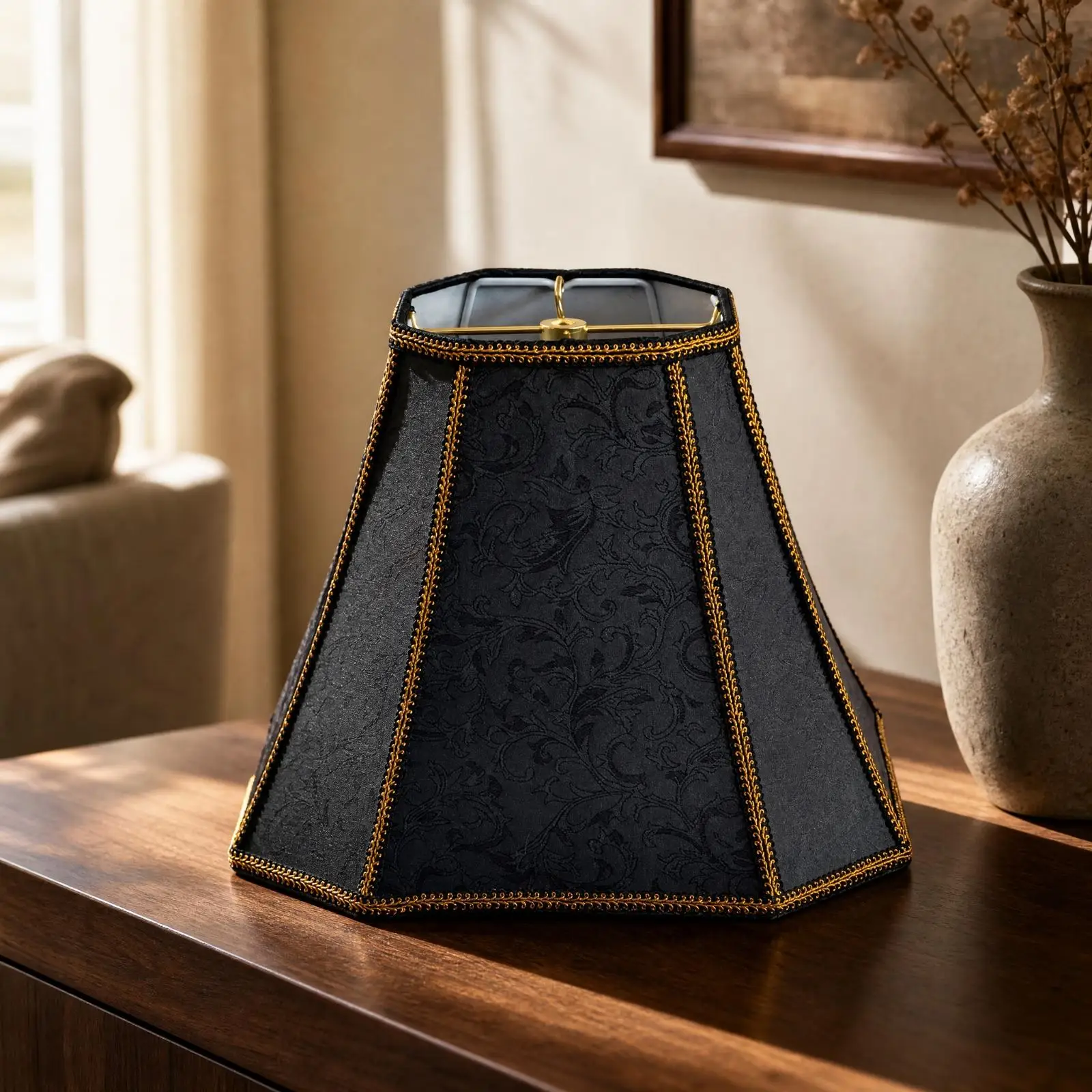 Fabric Table Lampshade with Gold Trim Floral Pattern Black Square Tapered for Pendant Desk Warm Lighting