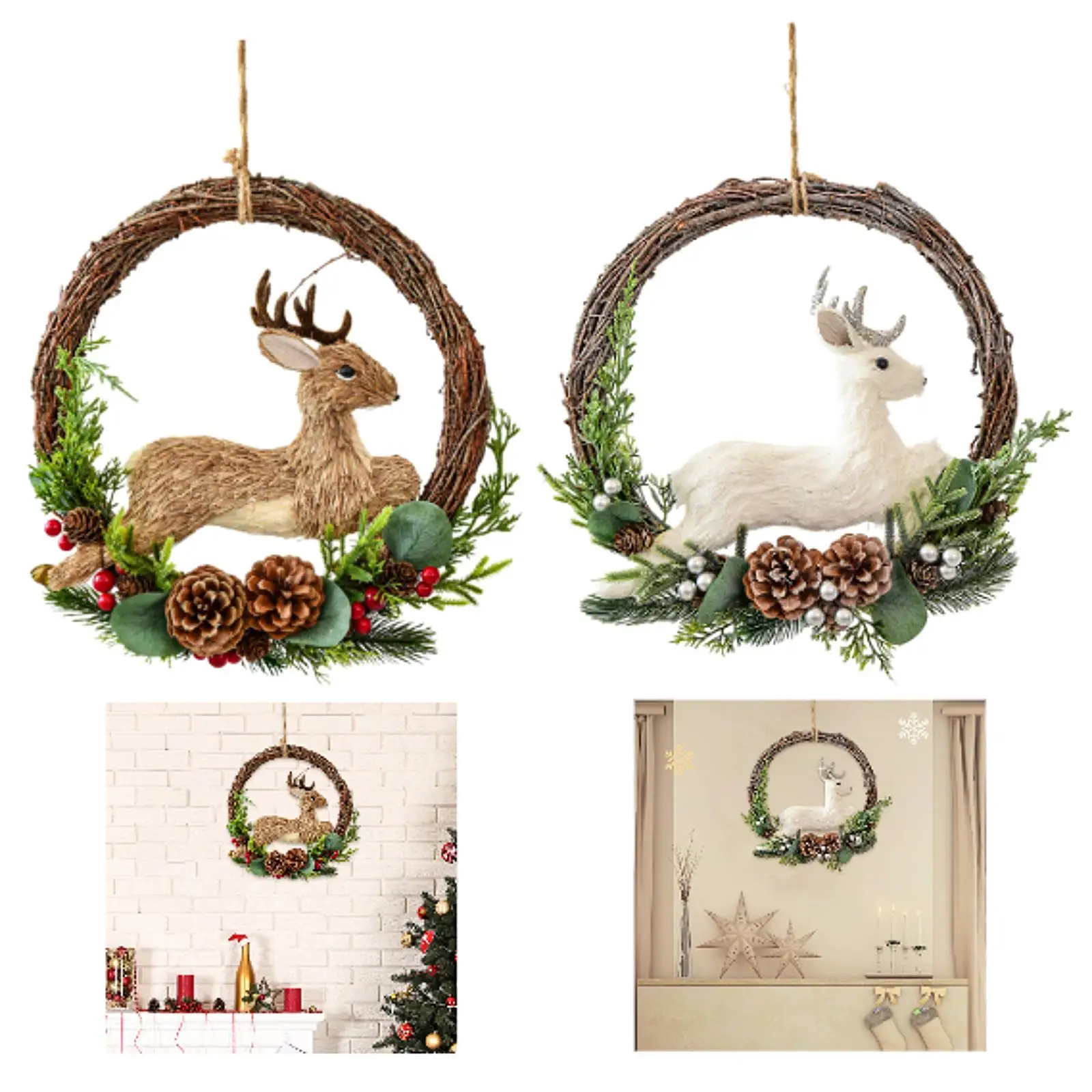 Christmas Wreath Front Door Flower Wreath Hanging Garland Xmas Wreath Rattan Wreath for Cabinet Bedroom Wedding New Year Party