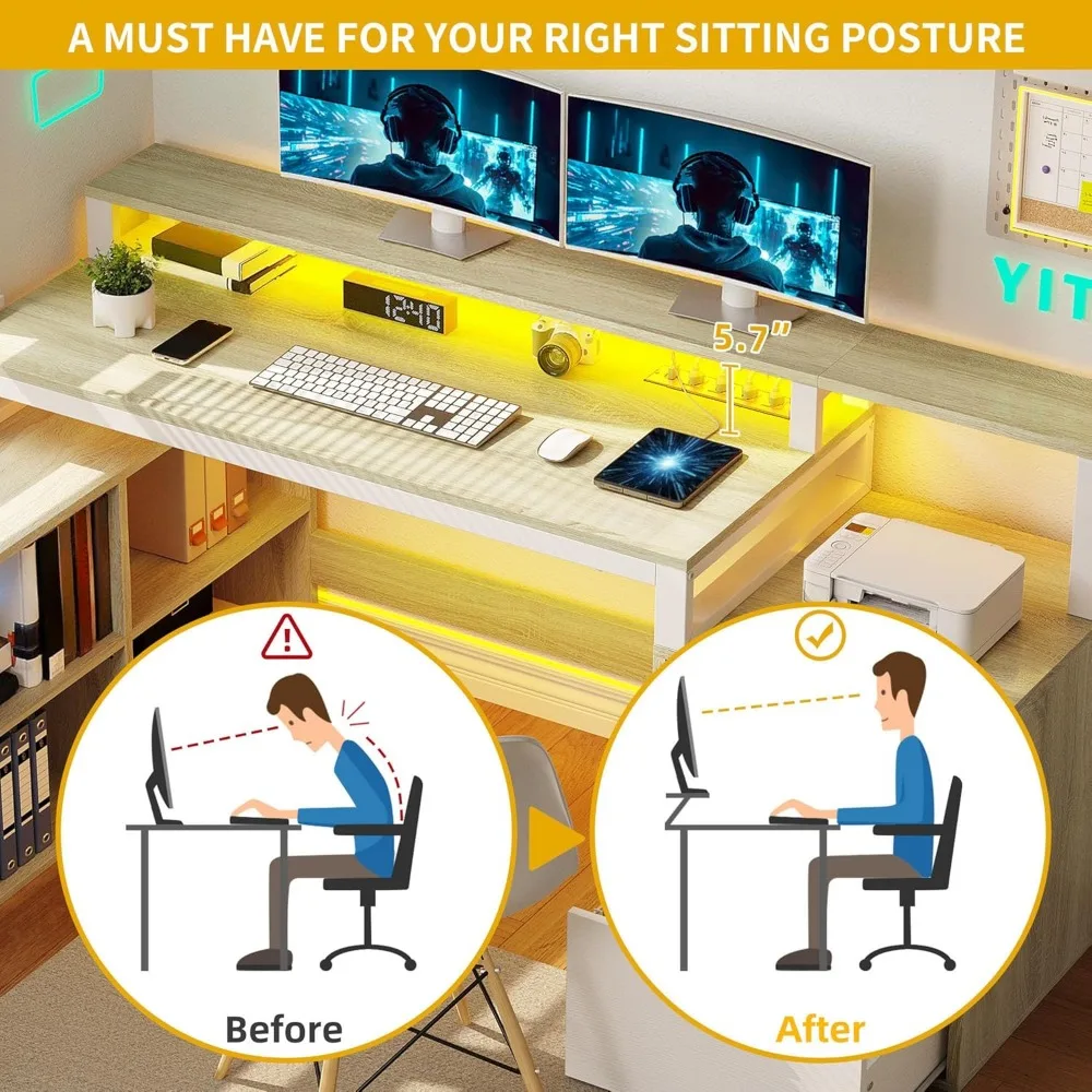Corner L-Shaped Desk with Storage, 65 Computer Desk featuring Power Outlets and LED Lighting for Home Office