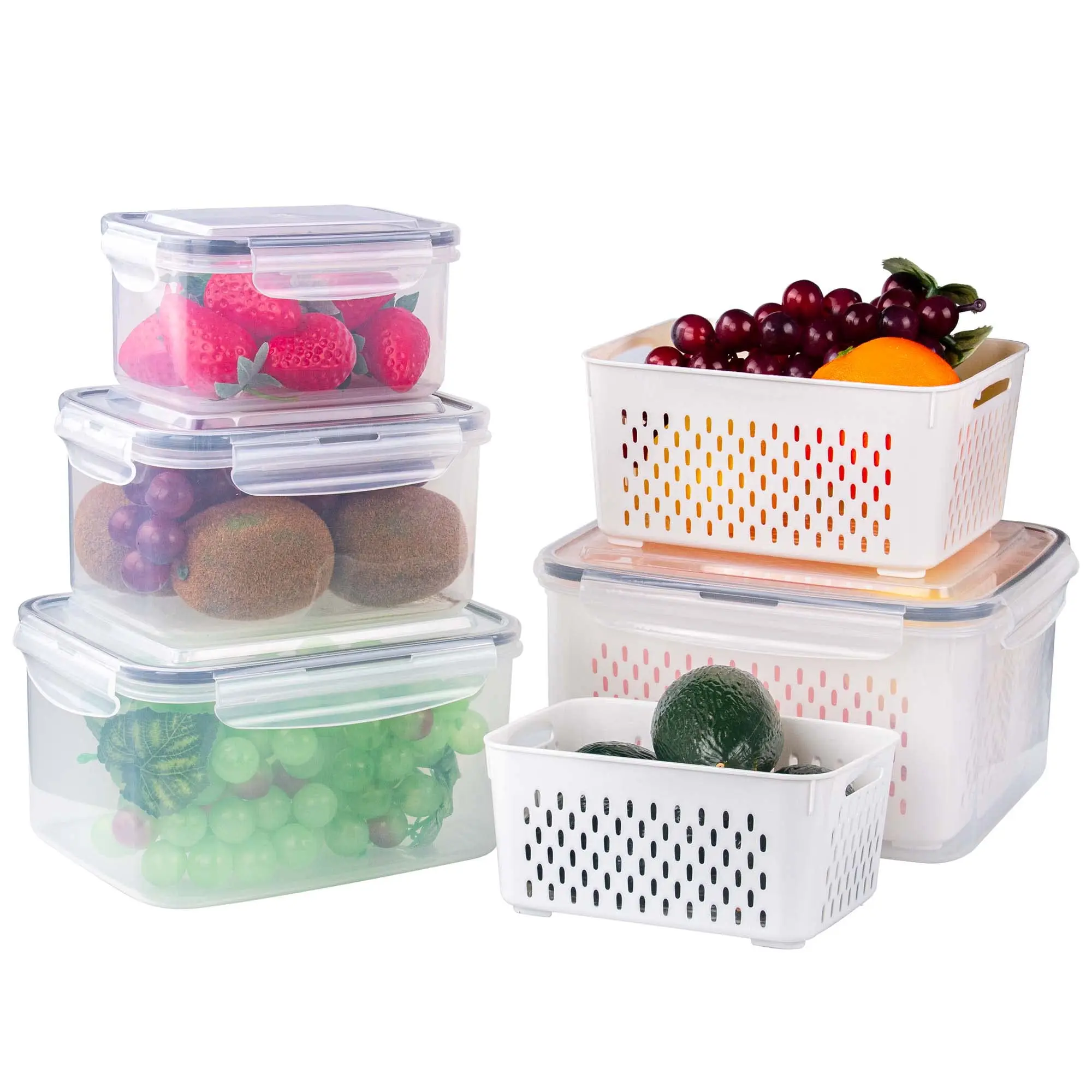 Fresh Food Storage Containers, Large Capacity Saver Box with Drain Baskets & Lids,Airtight Stackable Plastic Fruit Veggie Saver