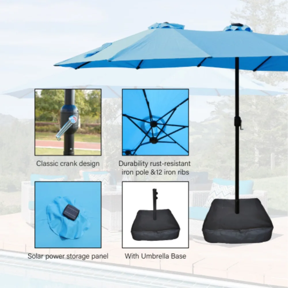 15x9ft Double-Sided Rectangular Outdoor Twin Patio Market Umbrella with Light and Base Patio Umbrella for Garden Poolside Beach