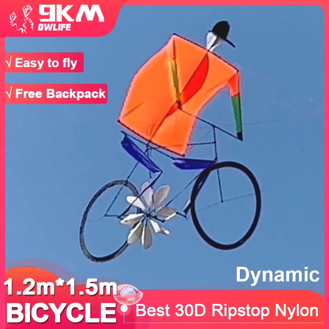 

9KM Dynamic Bicycle Kite 1.2m*1.5m Line Laundry Single Line Show Kite for Kite Festival 30D Ripstop Nylon with Bag (Need Pilot)