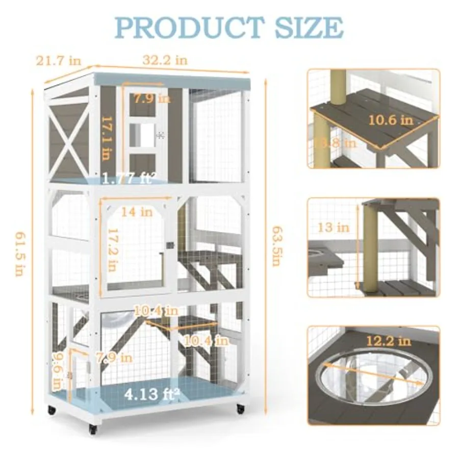 64 Large Wooden Catio Outdoor Cat Enclosure with Wheels and 3 Platforms Weatherproof Roof Design for Multiple Cats Durable and