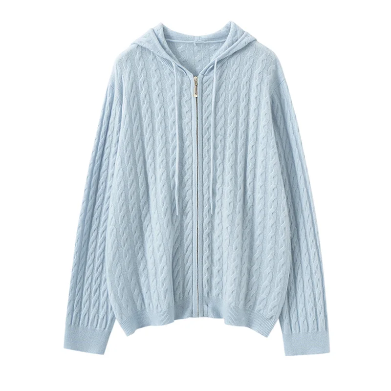 

Autumn Winter Women 100% Cashmere Hooded Sweater Cardigan Cashmere Knitted Coat Casual Simple Air Layer Thick Warm Clothing Tops