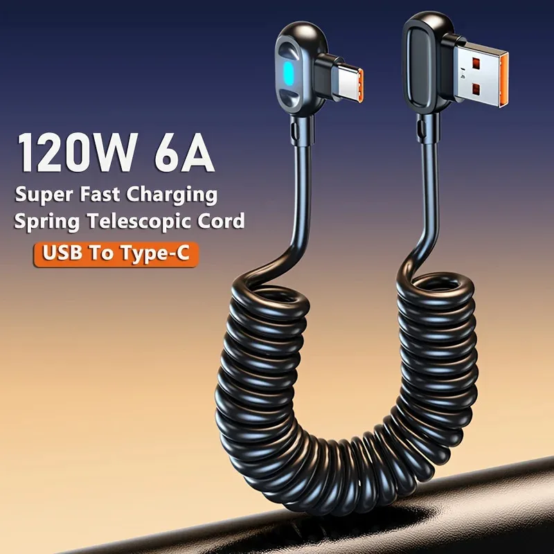 120W 6A USB-C Fast Charging Data Transfer Cable Elbow Stretch Spring For Samsung S24 Xiaomi Huawei Phone Car Charge Type C Cord