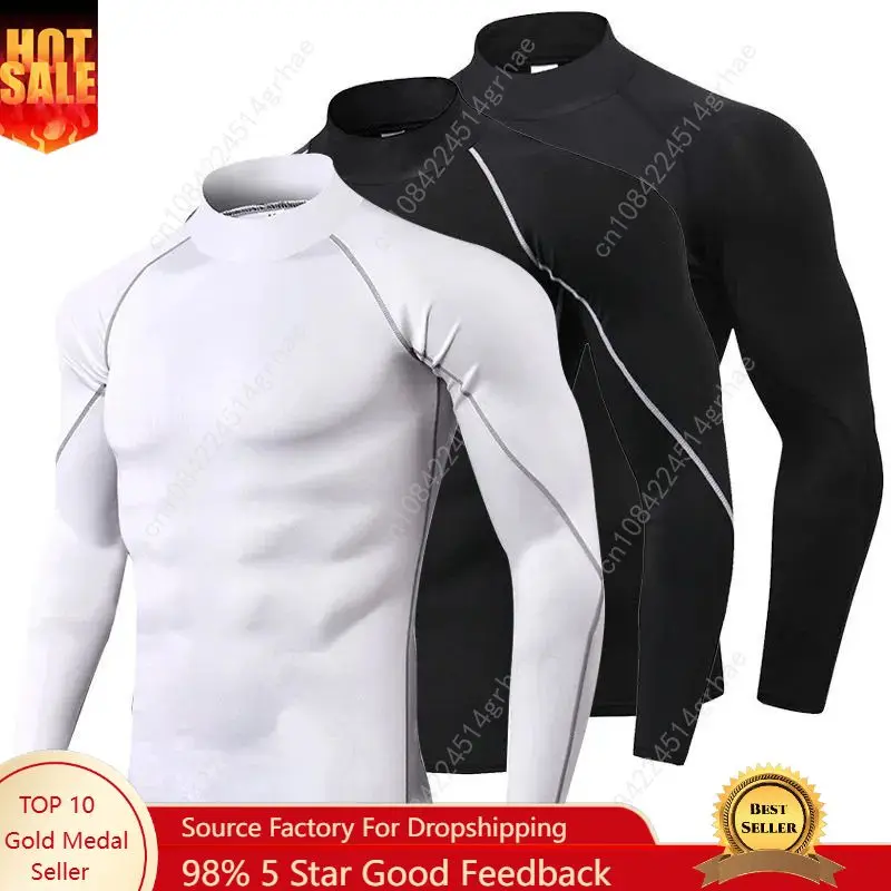 

Turtleneck Gym Compression Long Sleeve Workout Shirt Men Bodybuilding Tight Running Sportwear Fitness Mens Sports Shirt