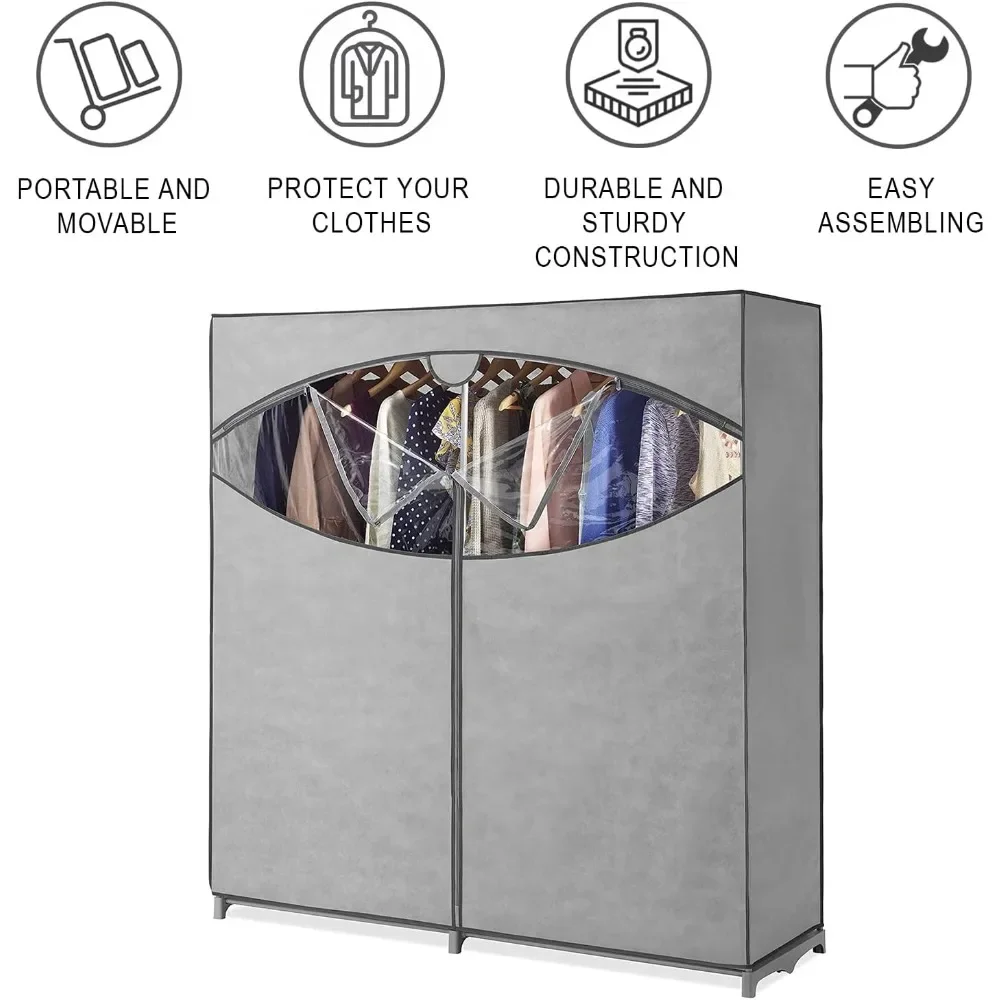 Portable Wardrobe Clothes Storage Organizer Closet with Hanging Rack - Extra Wide -Grey Color - No-tool Assembly