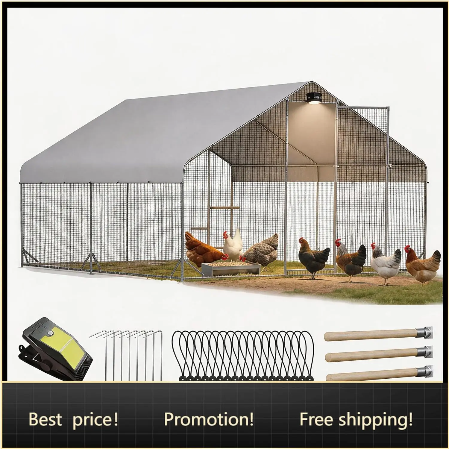 

Heavy Duty Metal Chicken Coop with Hardware Cloth, Walk-in Poultry Cage with Solar Light, Waterproof Anti-UV Cover, Large Outdoo