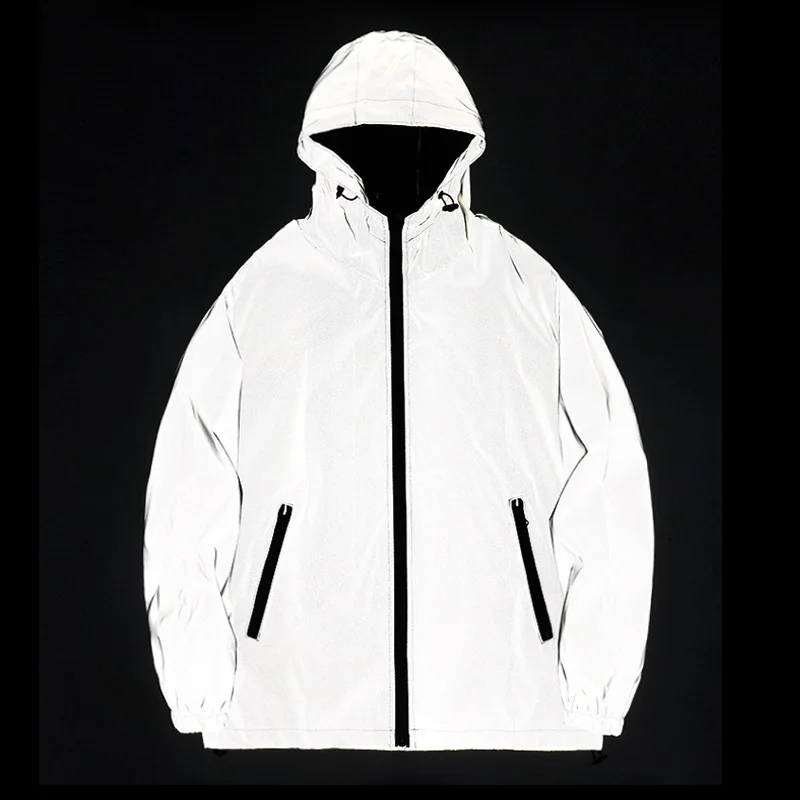 Night Reflective Jackets Double Fabric Windbreaker Hooded Jacket Men Hip Hop Dancer Waterproof Zipper Coats Outwear