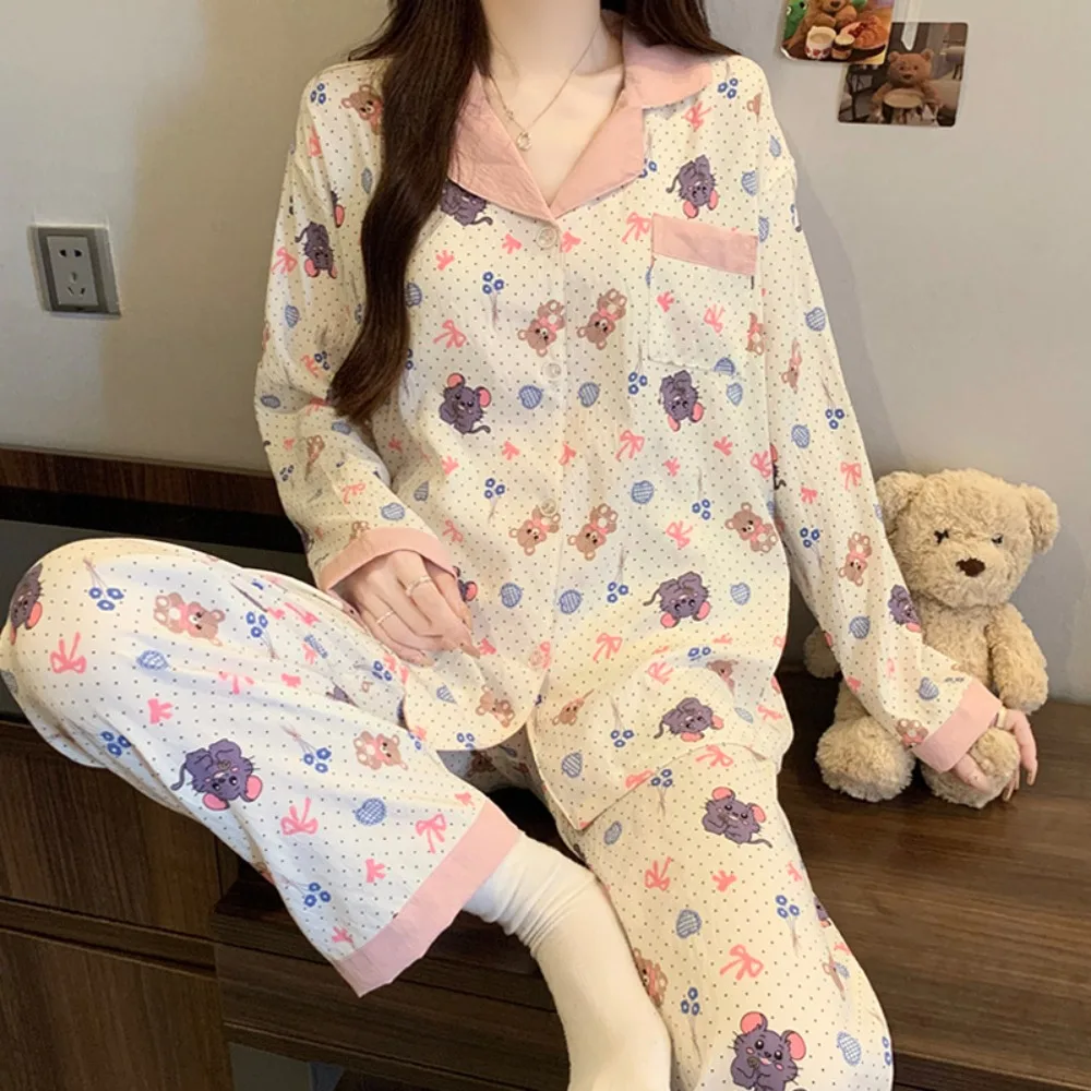 New 2025 Women Spring Autumn Pajamas Sets Sleepwear Long Sleeve Lapel Sweet Cartoon Print Homewear Female Leisure Loungewear