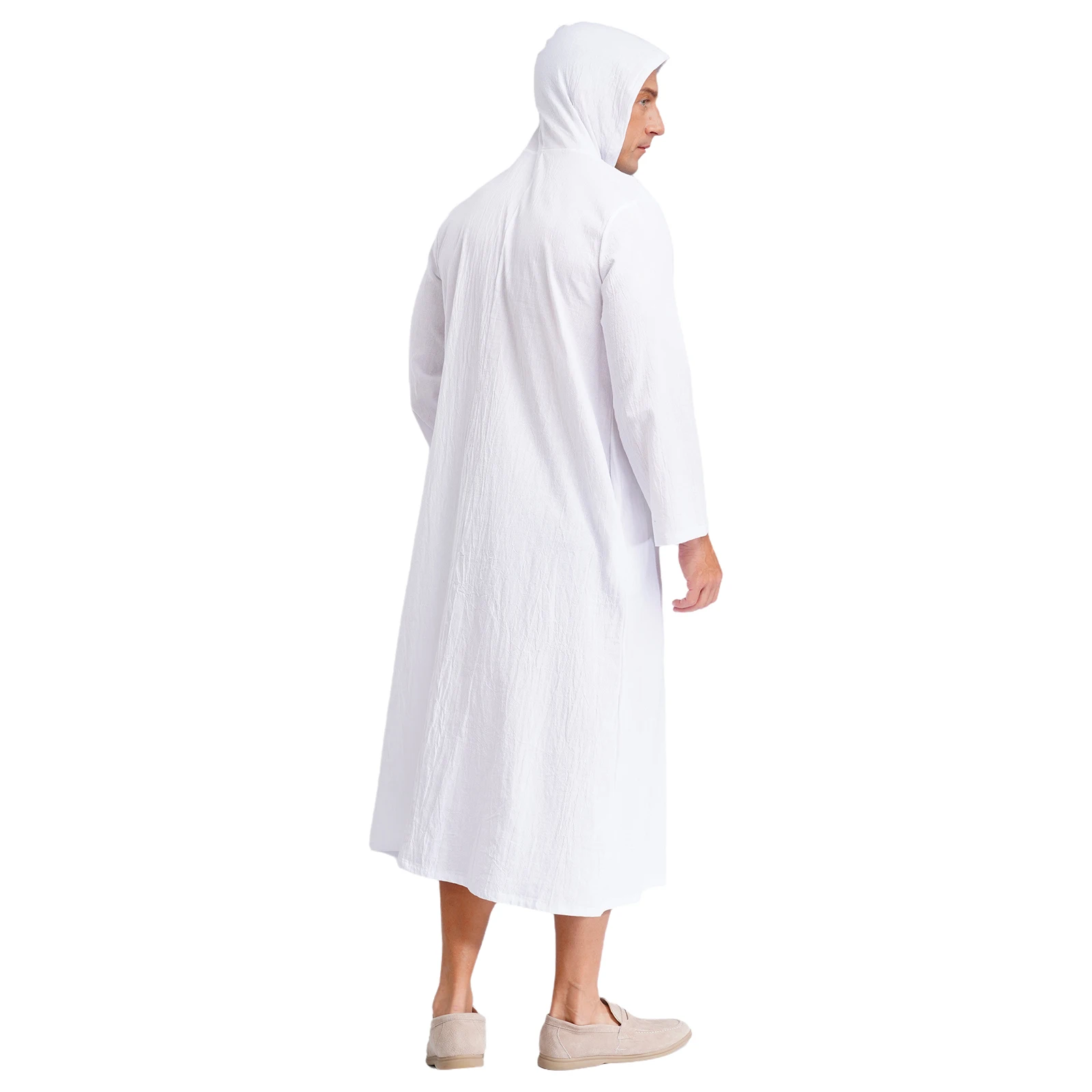 Mens Jubba Thobes 리넨 이슬람 가운 주머니가있는 후드 중동 이슬람 아랍어 모로코 Kaftan Eid기도 긴 가운 드레스