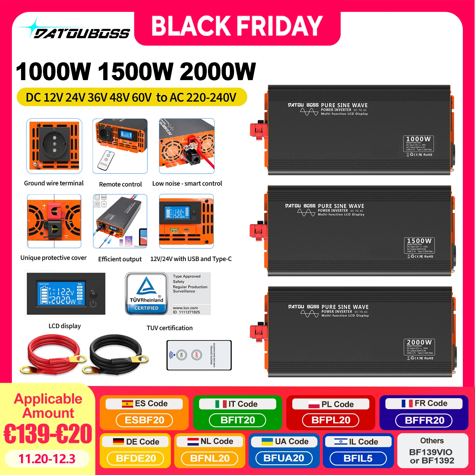 

DATOUBOSS Pure Sine Wave Inverter 1000W 1500W 2000W DC 12V 24V 36V 48V 60V to AC 220V 240V Power Inverter Continuous Power 2000W