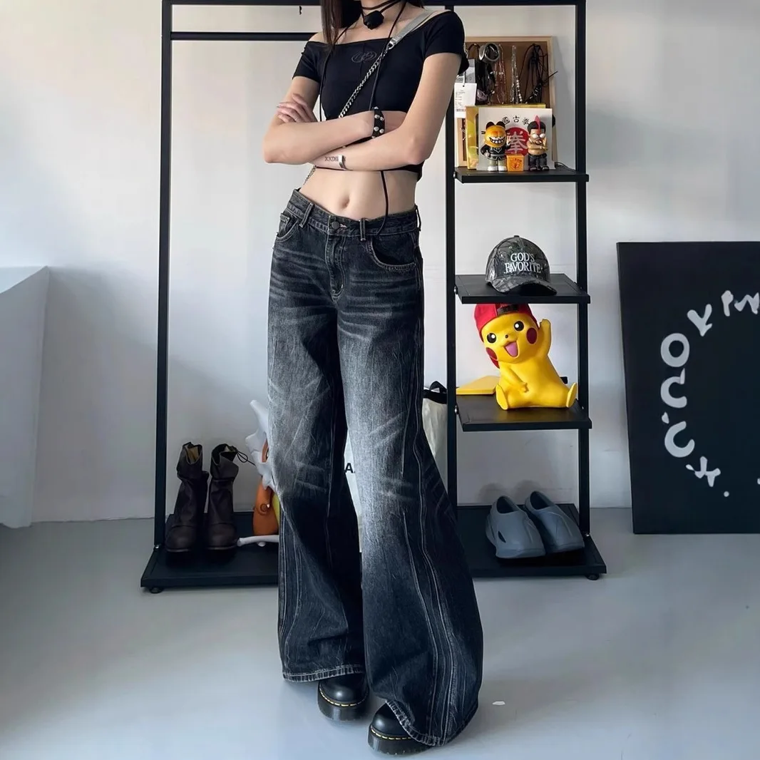 

Women Jeans 2025 New Black Washed High Street Jeans Plus Size High Waisted Straight Leg Loose Wide Leg Floor Length Pants