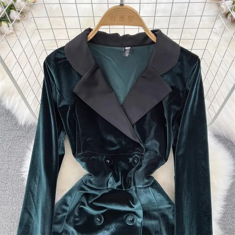 Autumn And Winter Blazer High-End Light Luxury Temperament Long Sleeve Suit Collar Slim A-Line Velvet Trench Coat Dress Z833