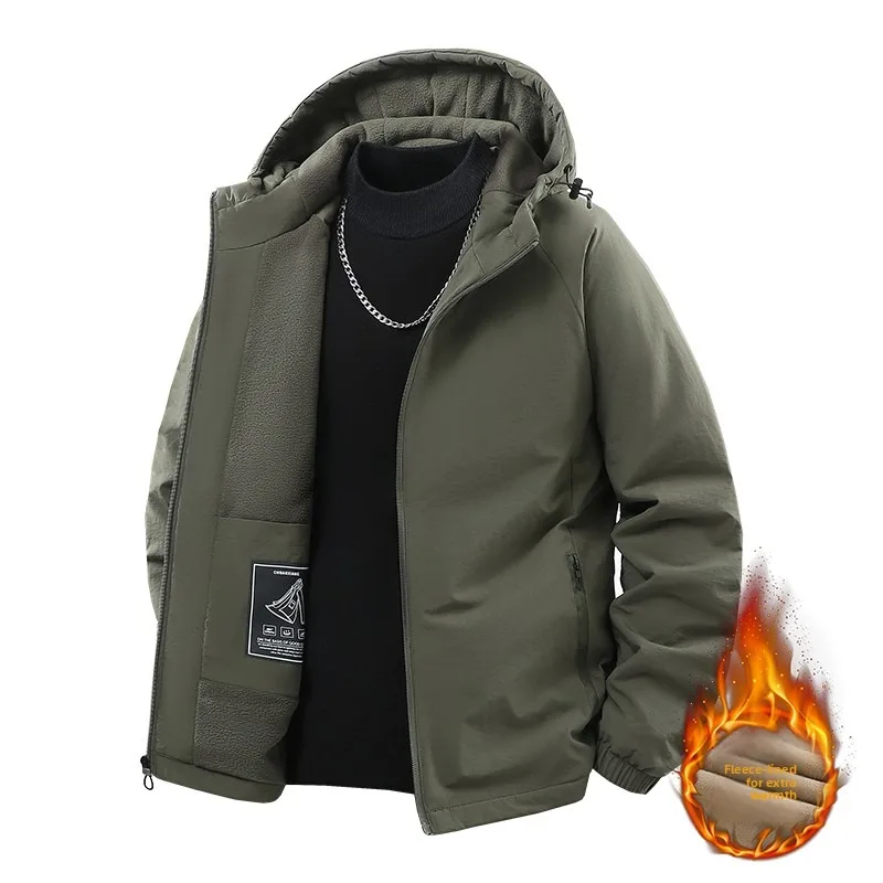 Mens Hooded Autumn and Winter Loose Fleece and Thick Coat Mens Casual Outdoor Simple Top Daily Versatile Coat Cotton-padded Coat