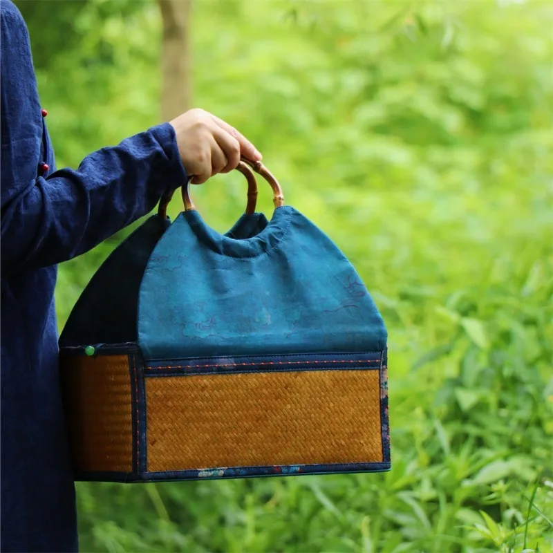 Handwoven Bamboo Tea Set Storage Box Fabric Lined Tea Basket Ceramic Teaware Gift Organizer Outdoor Travel Tea Craft Container