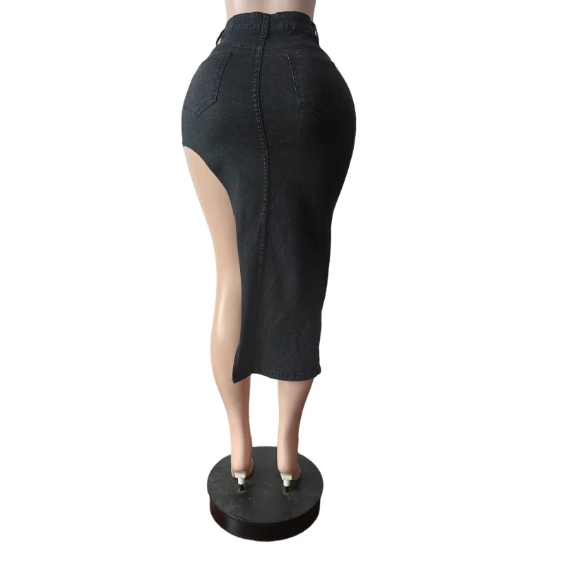 رسالة التطريز غير المتكافئة الدنيم التنانير النساء أزياء خمر زر يطير عالية الخصر جينز سترتش العجل طول تنورة قيعان #6