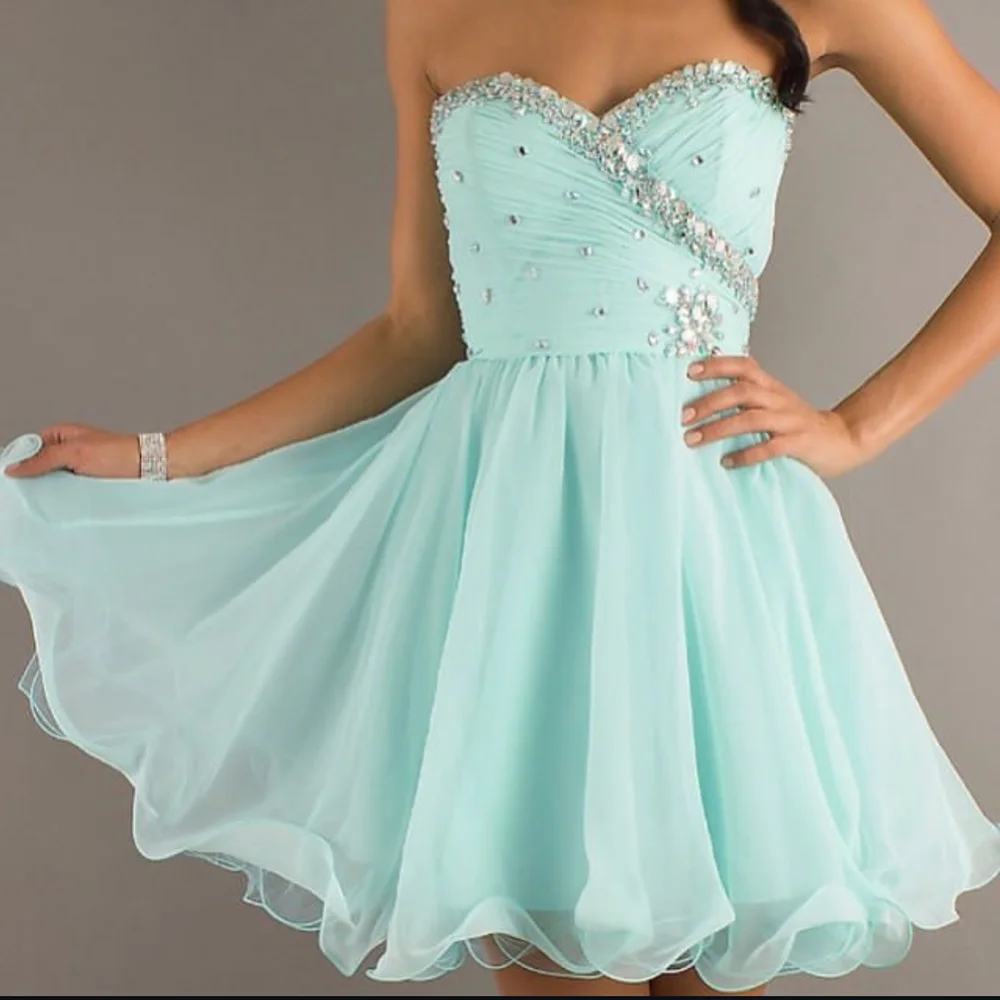 

Light Blue Chiffon Prom Dresses Shiny Beaded Strapless Prom Gown Knee Length A Line High Quality Party Gown Formal Occasion
