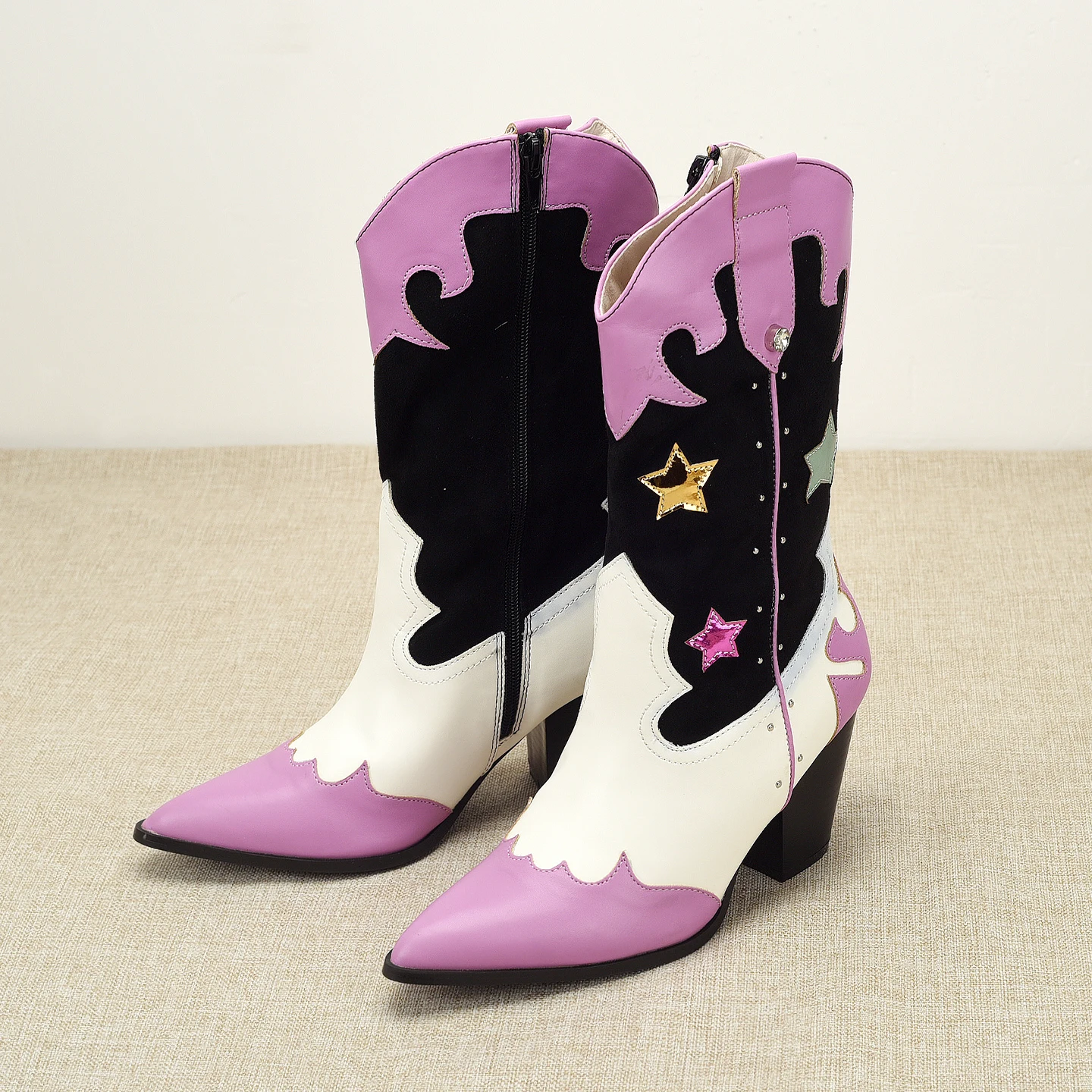 Western Style Rivet Decorated Color Block High Heel Booties mid Calf Zipper Side Closure Short Boots for Women Fashionable St...