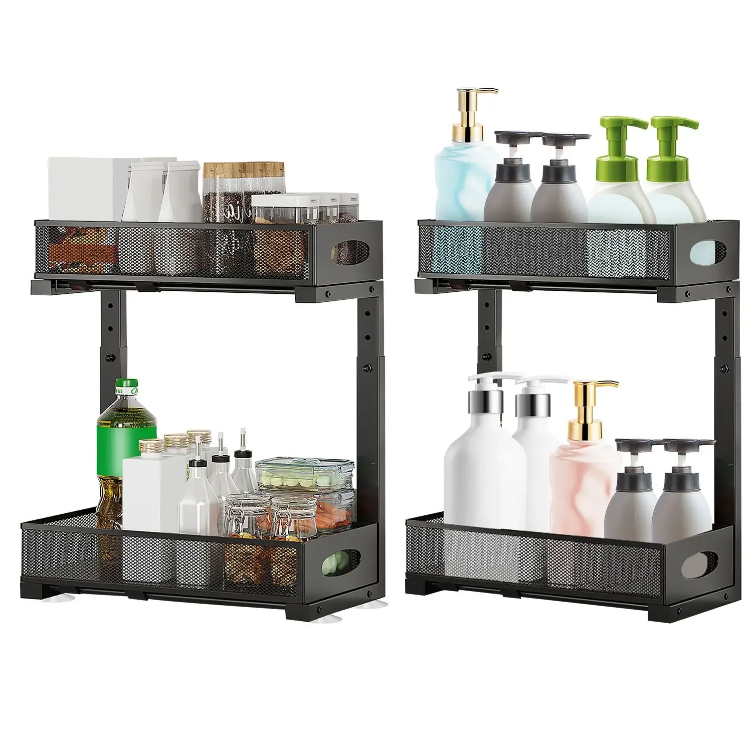 

2Pcs Under Sink Organizer Pull Out Cabinet Baskets Storage Shelf Sliding Storage Drawers Rack,5 Adjustable Height Mesh Baskets