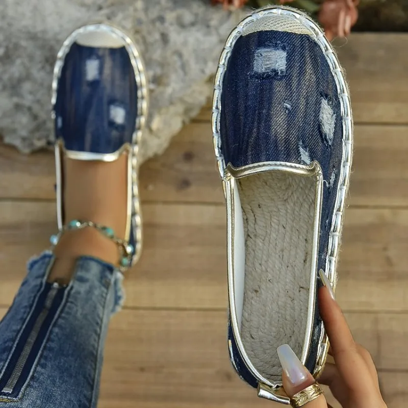 Women's Espadrilles Flat Round Toe Slip-On Casual Shoes Distressed Textured Upper Woven Detail Everyday Walking Footwear Classic