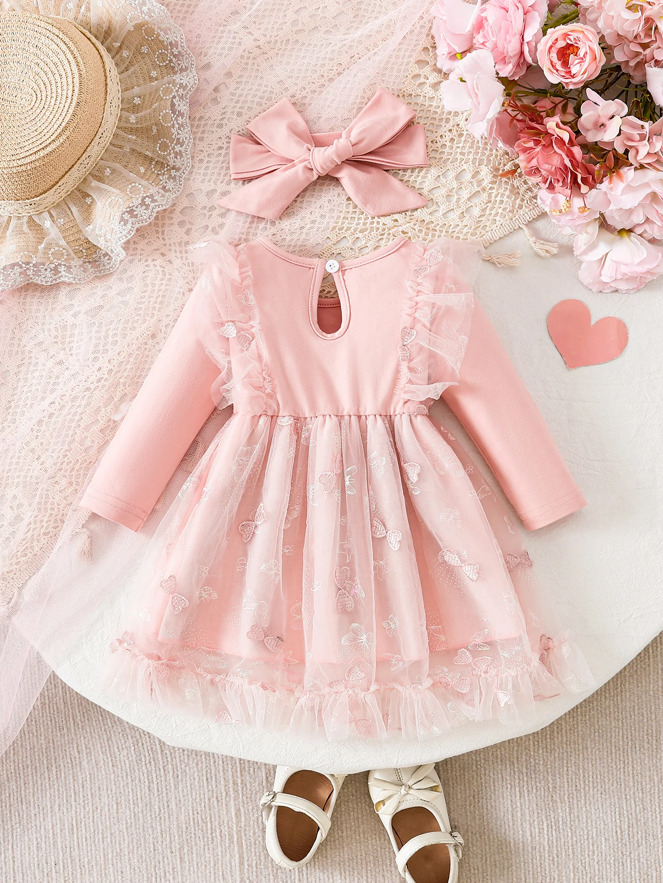 Sweet Princess Girl's Dress with Large Bow Decoration And Mesh Skirt Gown Skin-friendly Hair Accessories in Matching Color