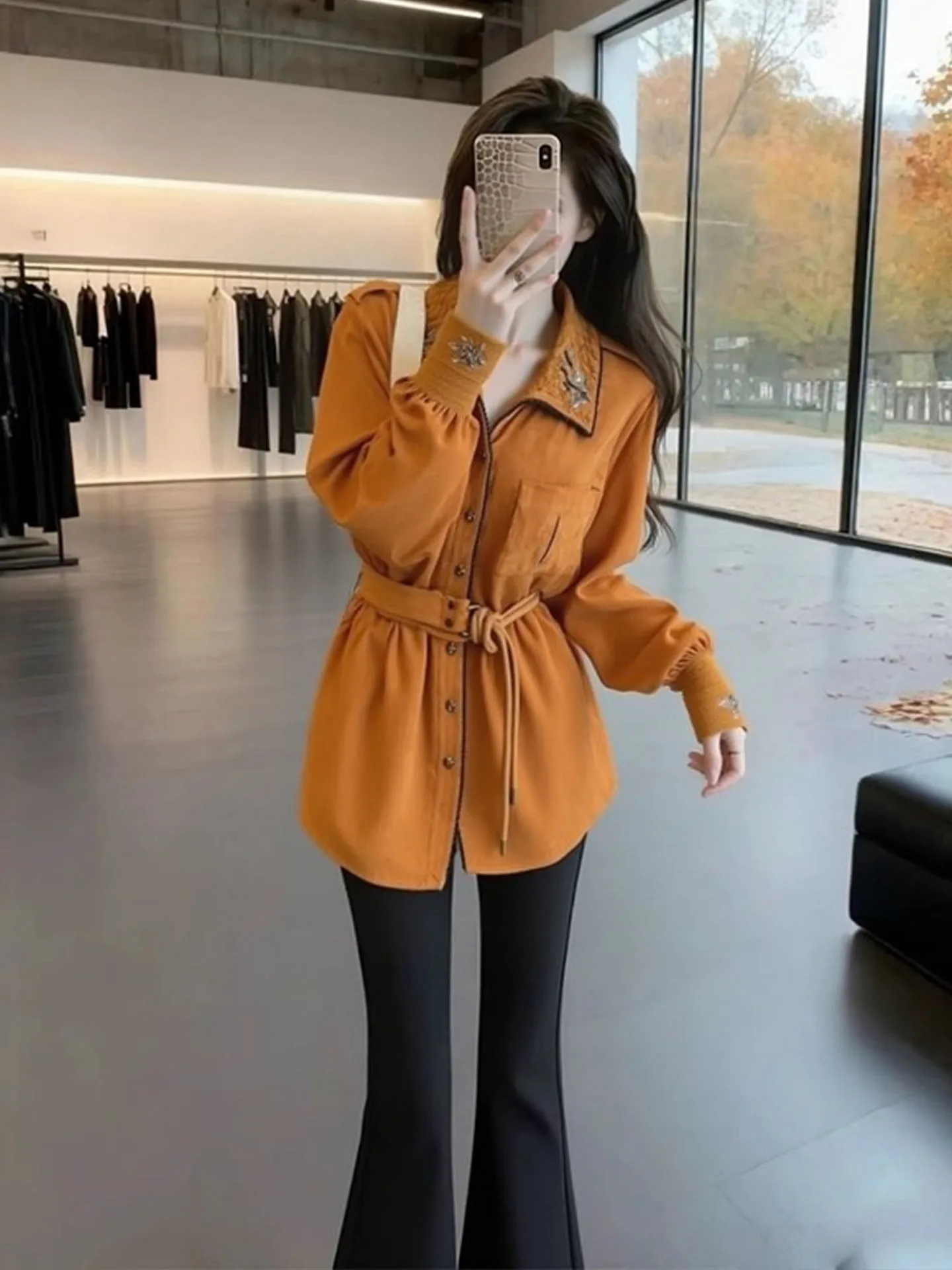 

Spring 2026 Orange irt Trendy Korean Sle Luxury Feel Women's Long Sve Button up Casual Faion High Waist Design