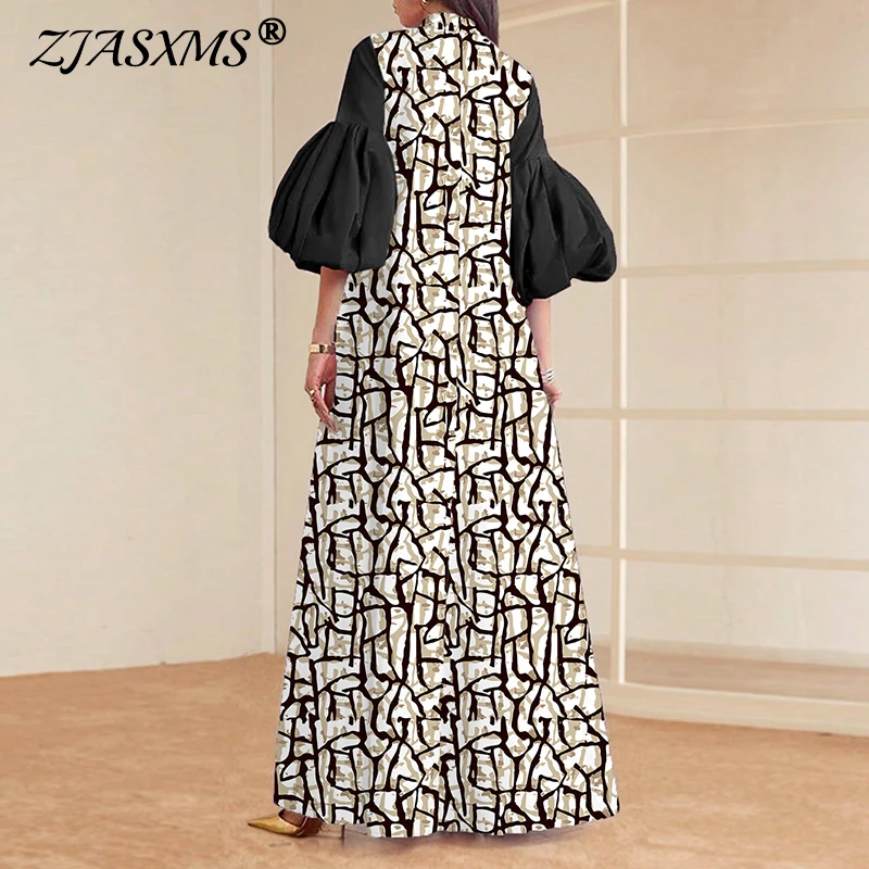 Vestidos Mujer レトロプリントパッチワークロングドレス女性 2025 春 O ネックイスラム教徒マキシドレス夏パフスリーブルーズ自由奔放に生きるドレス