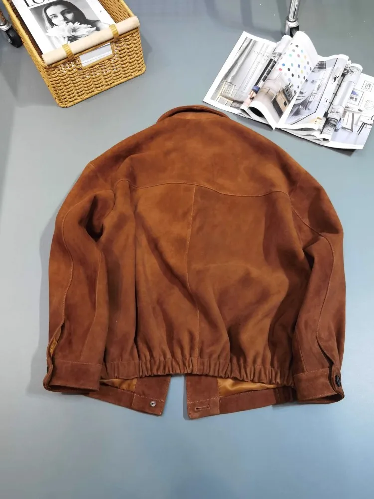 Jaket kulit domba asli wanita, jaket kulit asli Suede longgar kerah sebaris, mantel kasual Vintage musim semi musim gugur