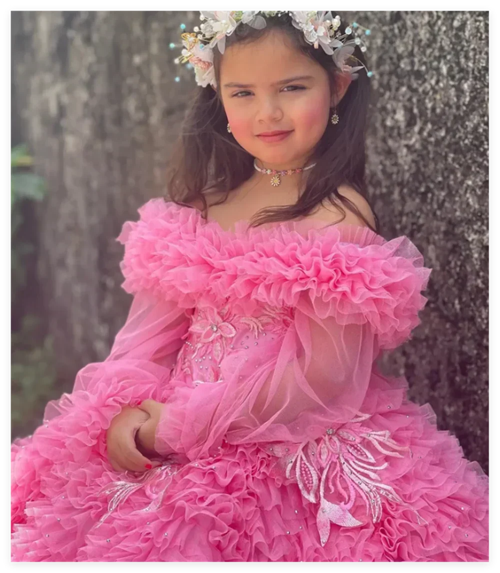 Luxury Pink Flower Girl Dresses for Wedding Kids Beaded Applique Tulle Princess Pageant Gown Full Sleeve First Communion Dress