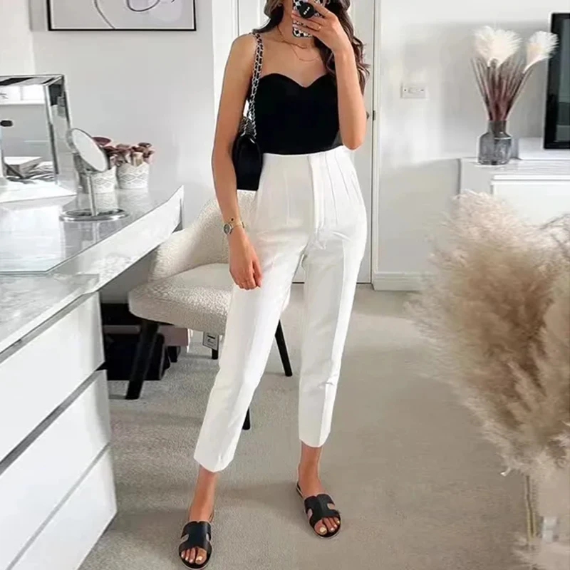 Moda Mujer con bolsillos Casual básico Pantalones sólidos Vintage cintura alta cremallera Fly tobillo femenino nuevo en Pantalones Mujer