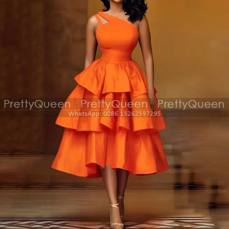 

Tiered A Line Bridesmaid Dresses One Shoulder Long Customized Tea Length Sleeveless Satin Wedding Party Dress