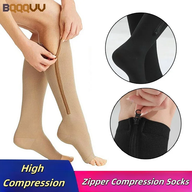 Meias de compressão com zíper para edema Meias de joelho alto para homens e mulheres, suporte próximo dos pés, 15-20 mmHg, 1 par