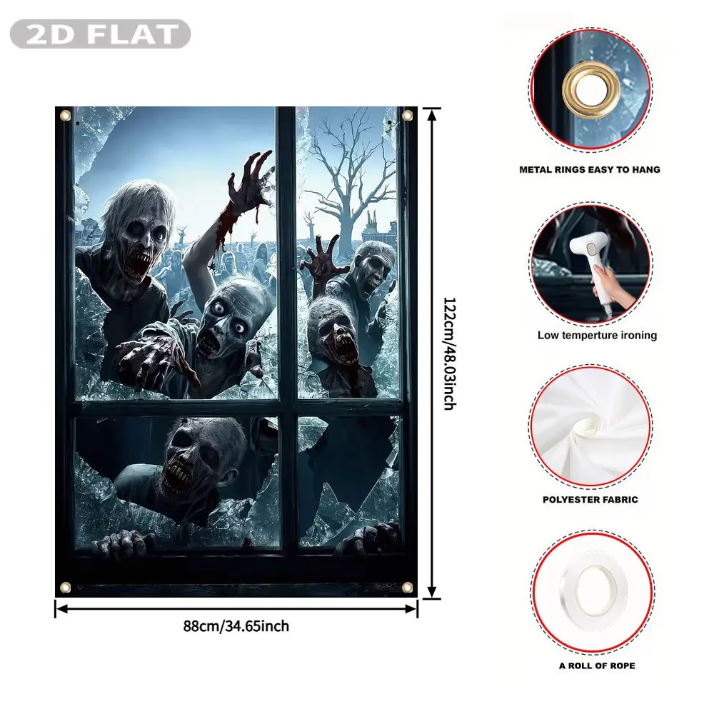 2D FLAT 1pc Party Window Cover Banner, with Zombies Breaking Through Shattered Window Glass, No Power Need Home Decor
