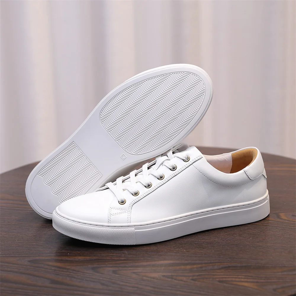 Wit lederen heren casual sneaker schoenen nieuwe minimalistische ronde neus veterschoenen lichte buitensportschoenen effen kleur mannelijke comfortschoenen