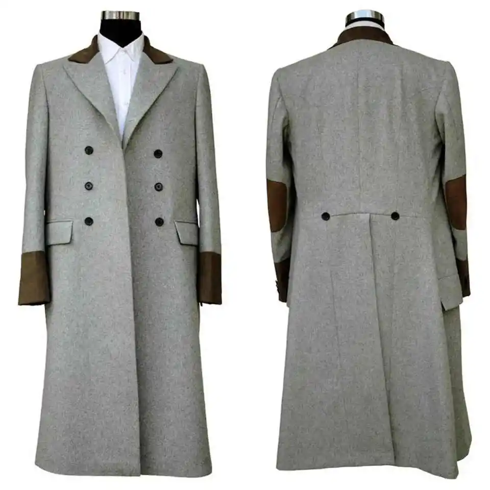 

Classic Wool Blend Men Long Overcoat Double Breasted Peaked Lapel Autumn Winter Outdoors Warm Coats Customized