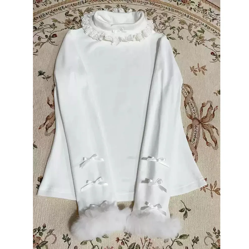 

American Style Bowknot Thermal Base Shirt For Women, Autumn And Winter Patchwork Slim Fit Long Sleeve T-Shirt, Half High Collar