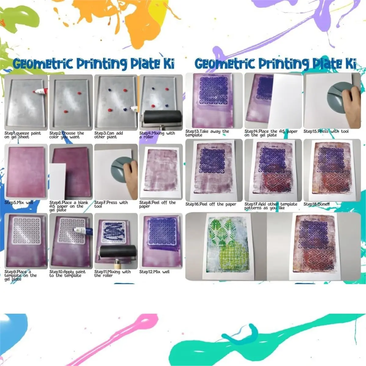 

Y40A J~Gel Printing Plate Kit 5x7 Inch Reusable Gelatin Plate,Stencils,Acrylic Paint,Essential Tools for Printmaking Supplies