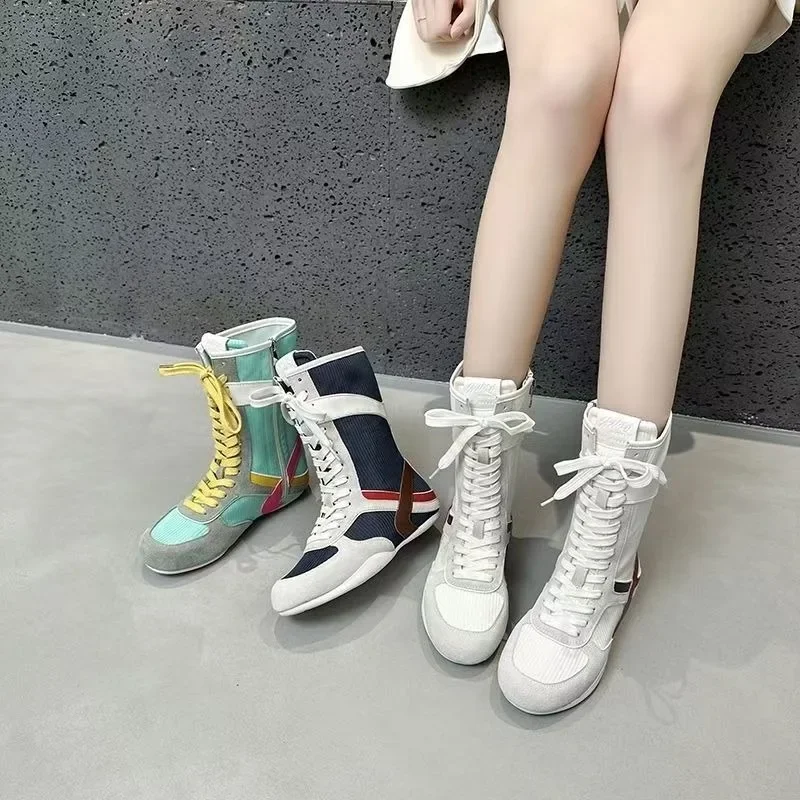 

2025 Spring Mid Top Side Zipper Soft Bottom Casual Short Boots Fashion Color Blocked Interior Height Increase Long Boots Women