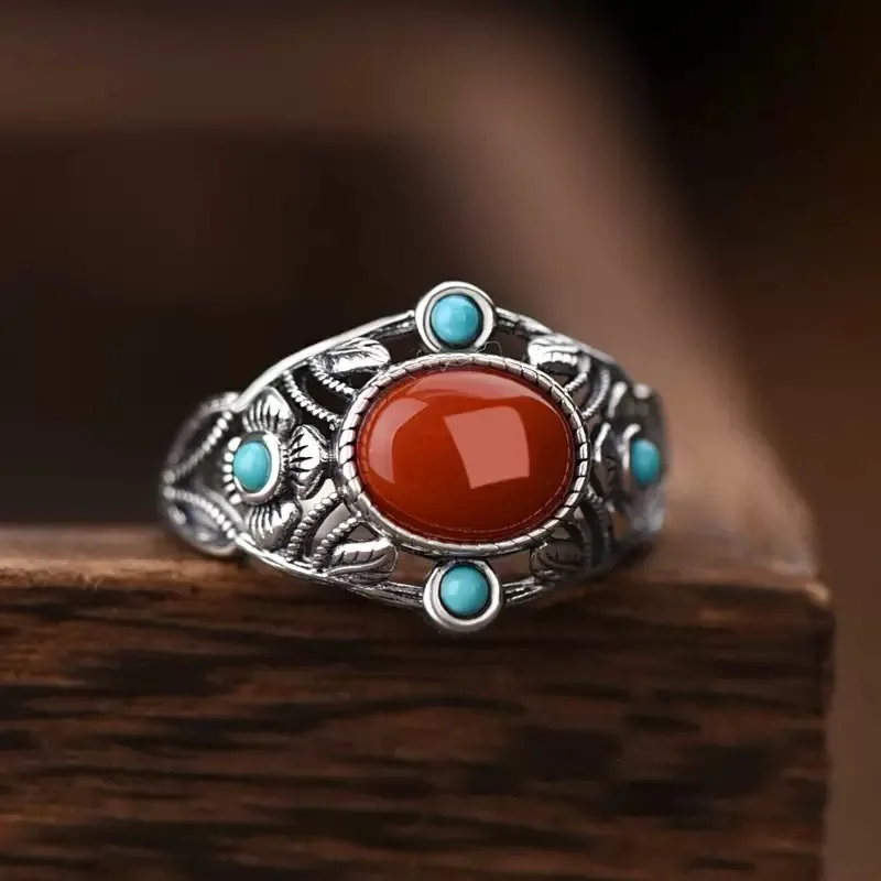 S925 Natural Red Agate And Turquoise Vintage Artistic Silver Inlaid , Ethnic Style Open Ring