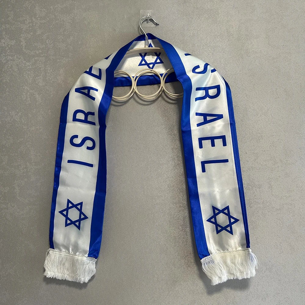 (SKY FLAG) Israel Scarf 14x135cm Double Printed Satin Israel Flag Scarf Tassels for Football Cup, Sports, Events