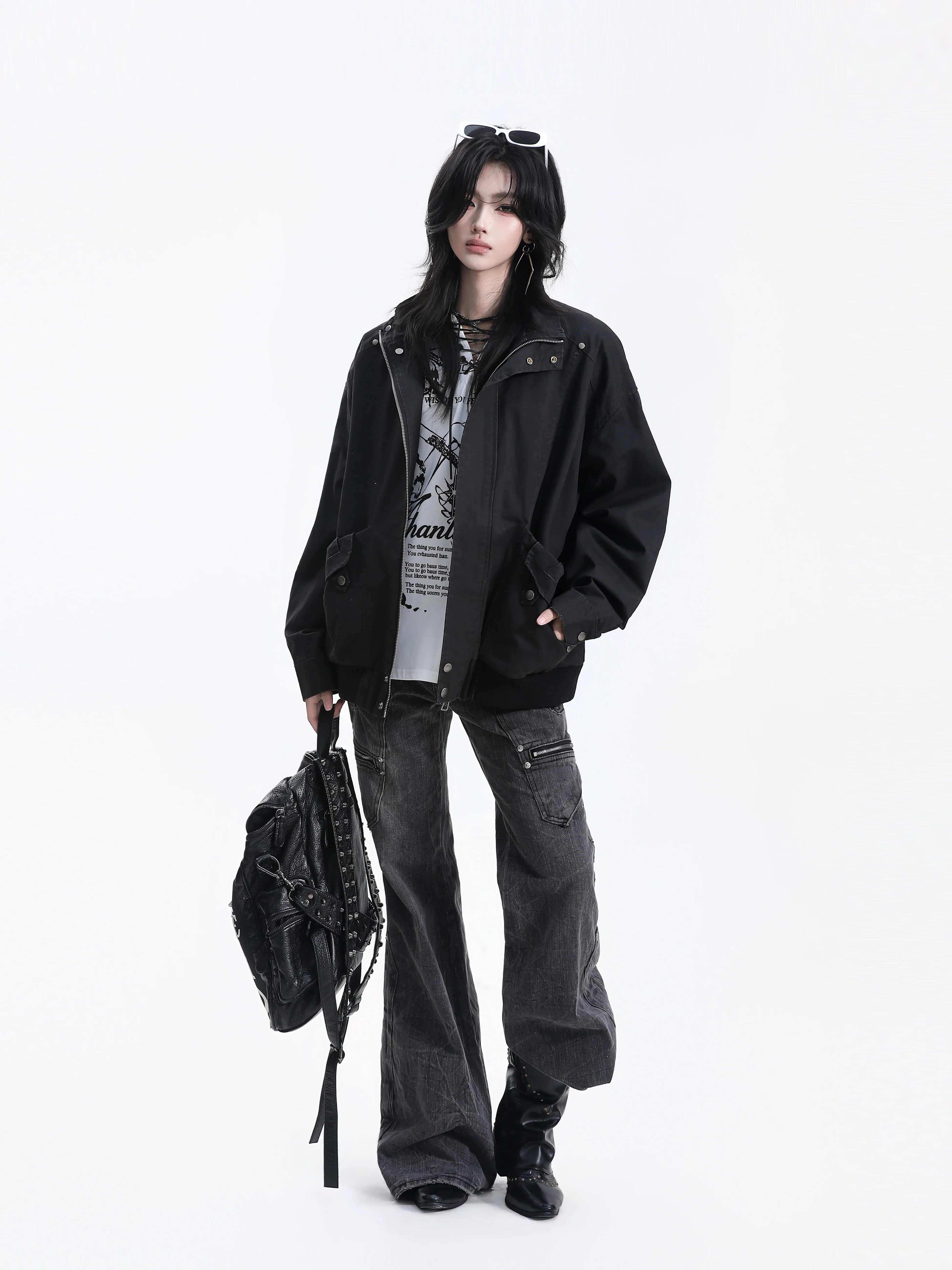 Casual Punk Style Jacket Women's Loose Shoulder Drop Large Pocket Cotton Workwear Top Street Fashion High Street
