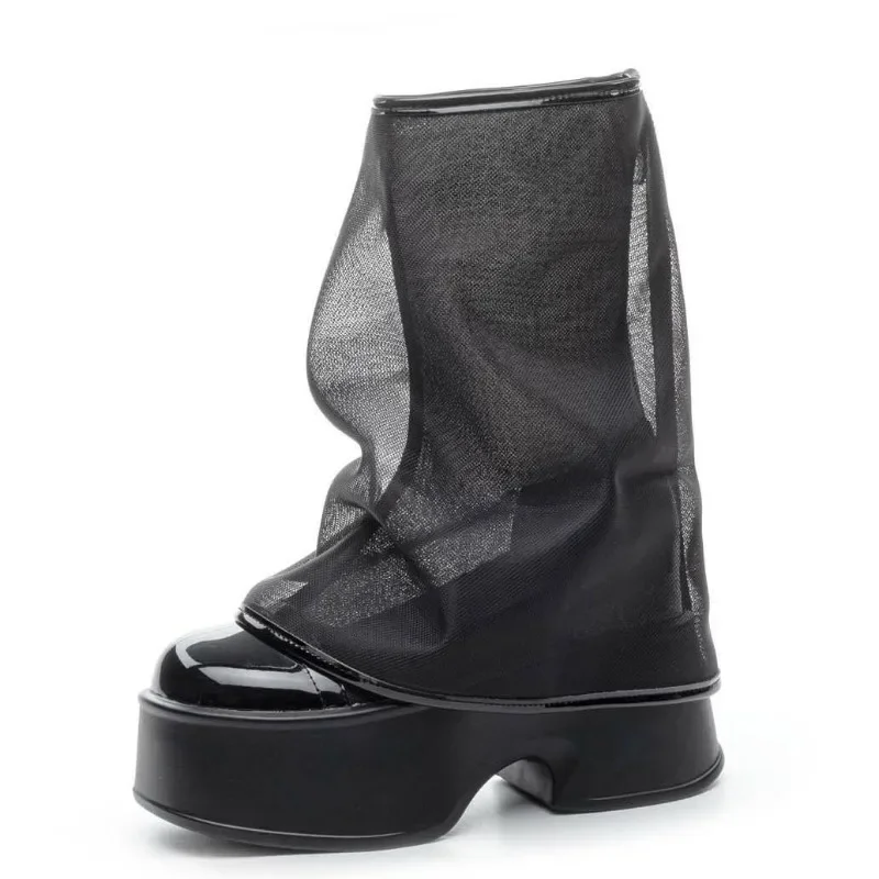 

11CM Breathable Ankle Mid Calf Boots Summer Mesh High Platform Wedge British Booties Woman New Ladies Chunky Motorcycle Boots