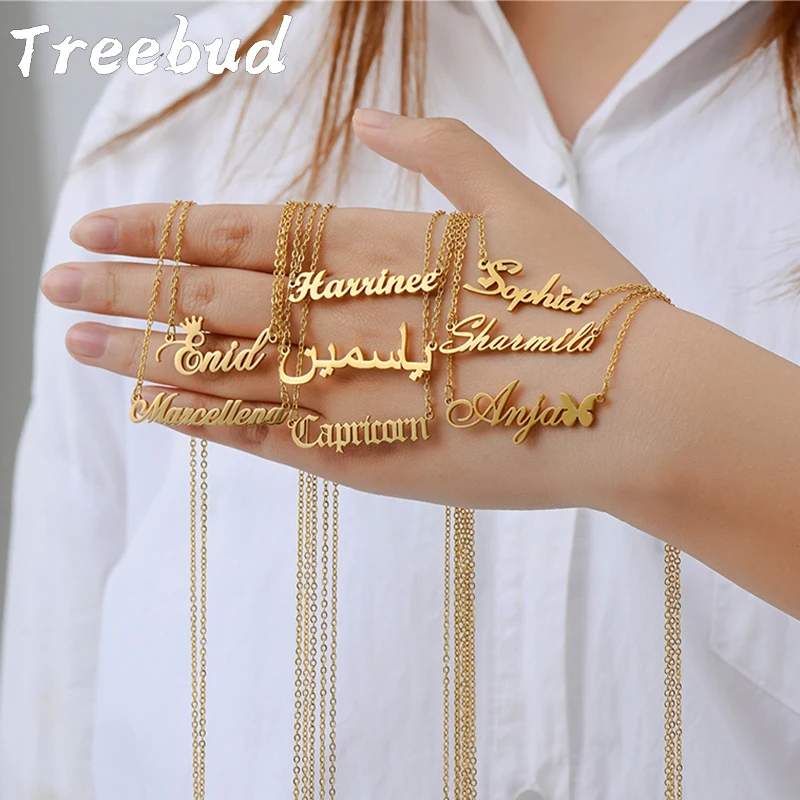 Treebud Custom Name Necklace for Women Men Stainless Steel Trendy Personalized Heart Flower Nameplate Pendant Party Jewelry Gift