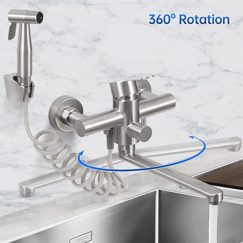 صنبور المطبخ Alenartwater المثبت على الحائط، صنبور حوض قابل للدوران، فتحة مزدوجة، مقبض واحد، خلاط الماء البارد والساخن